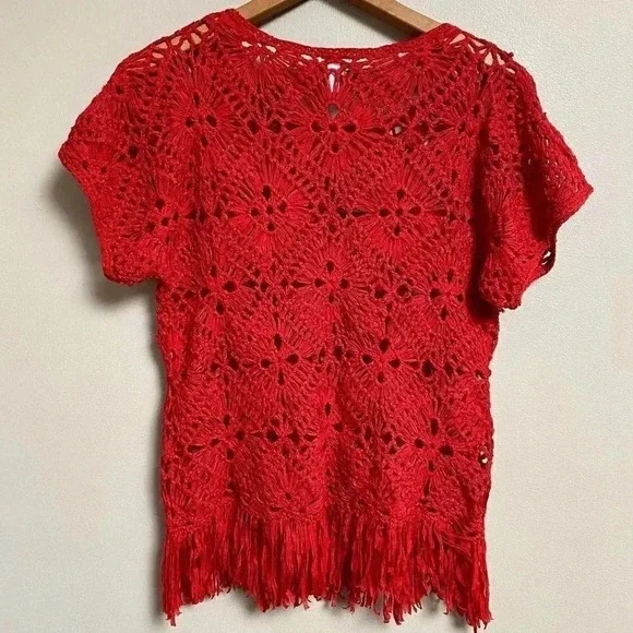 Chico’s Red Crochet Fringe Top Boho Festival Vacation Knit Blouse Size 0 Small - Picture 7 of 11
